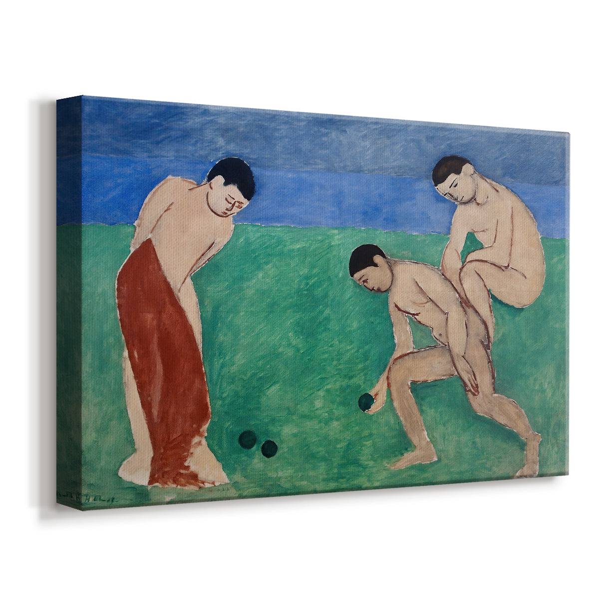 Canvas art print featuring an expressive scene of people engaged in an outdoor lawn game, displayed at an angle