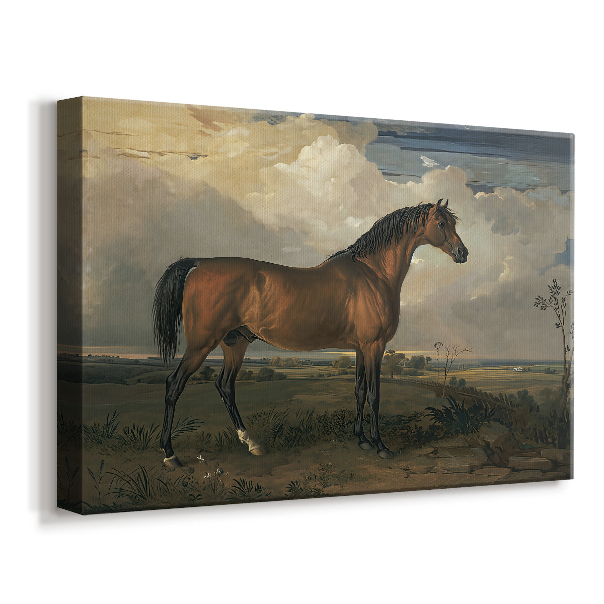 Canvas art print featuring a detailed stallion portrait set in countryside, displayed at an angle