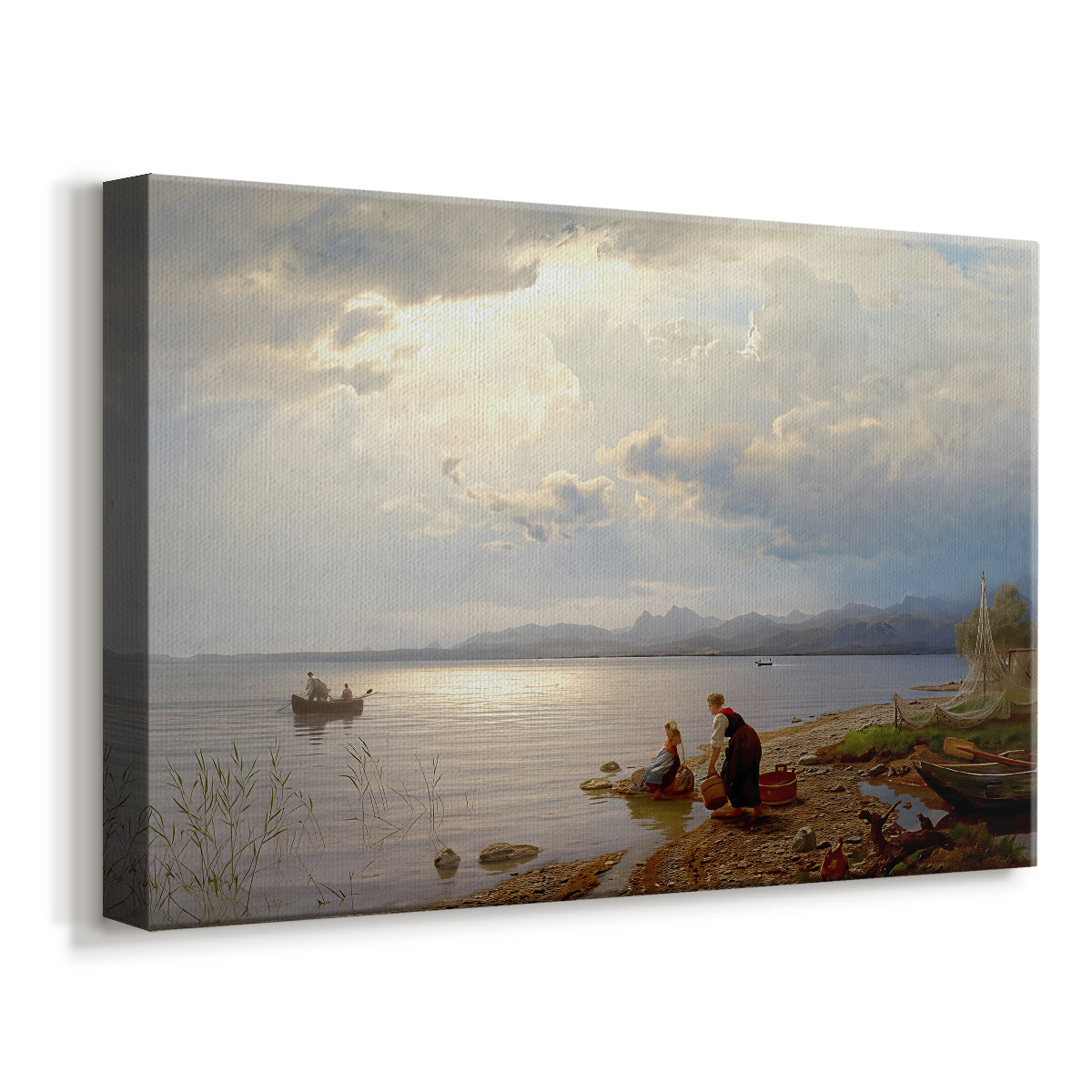 Canvas art print featuring a lakeside scene with people near water’s edge, displayed at an angle