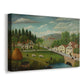 Canvas art print featuring a countryside scene with people along riverbank, displayed at an angle