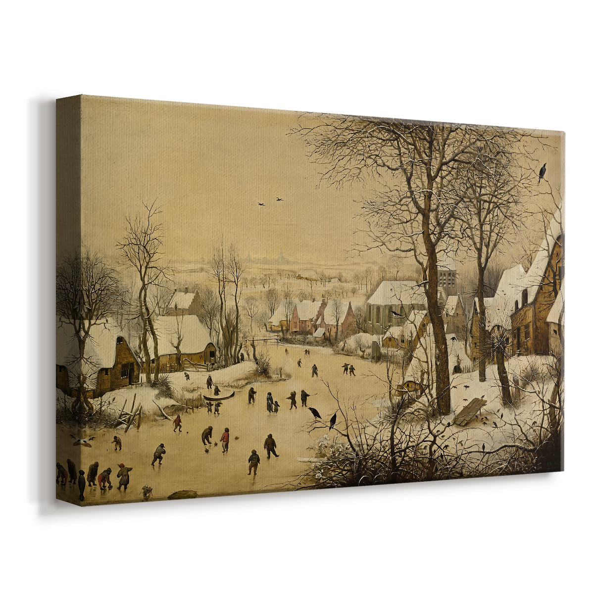 Canvas art print featuring a busy winter landscape with figures on frozen water, displayed at an angle