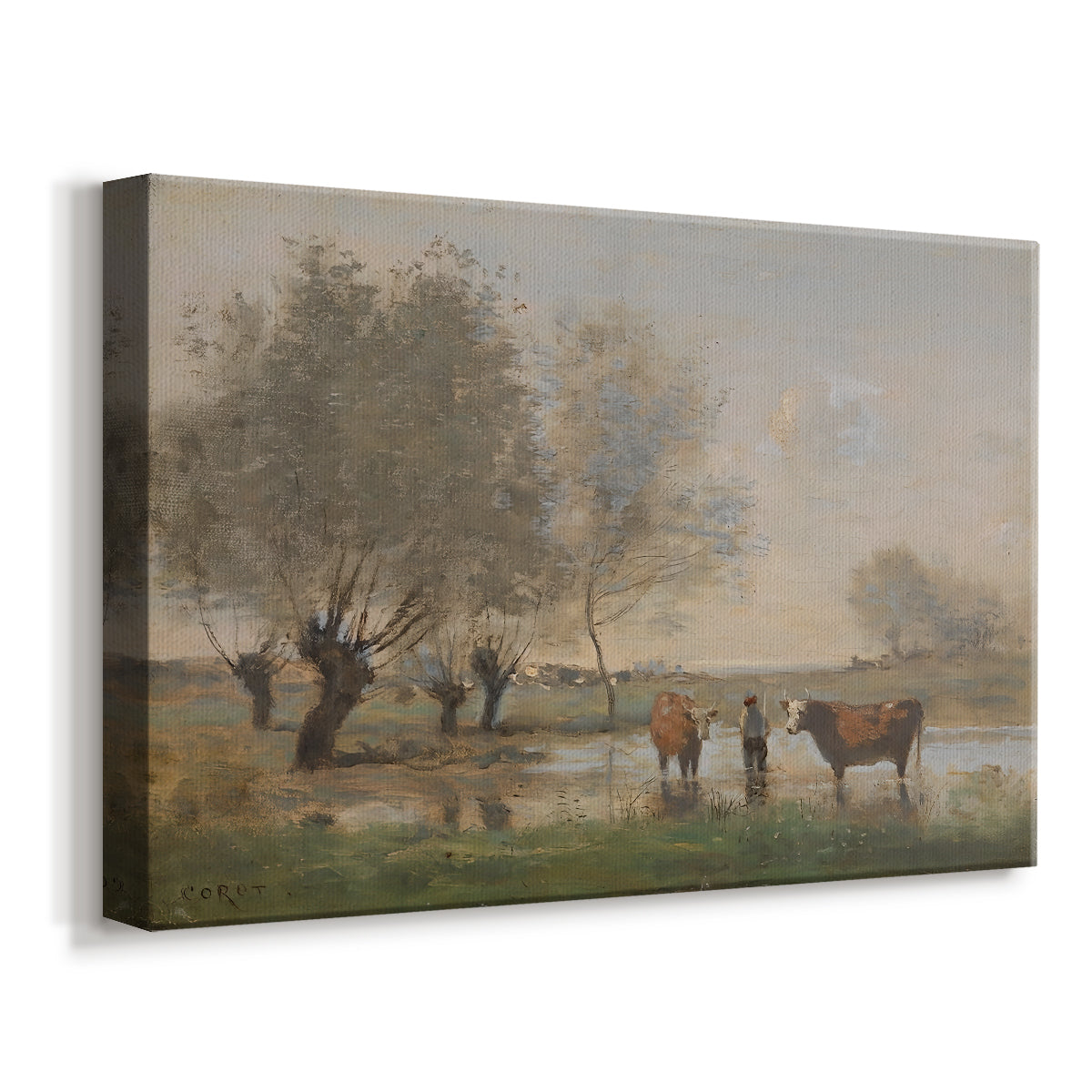Canvas art print featuring a pastoral scene with livestock in marshy terrain, displayed at an angle