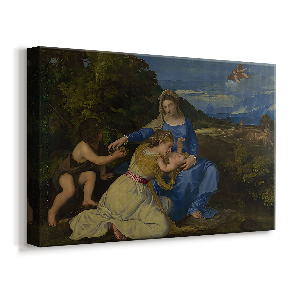 Canvas art print featuring a devotional mother-and-child scene set in open countryside, displayed at an angle