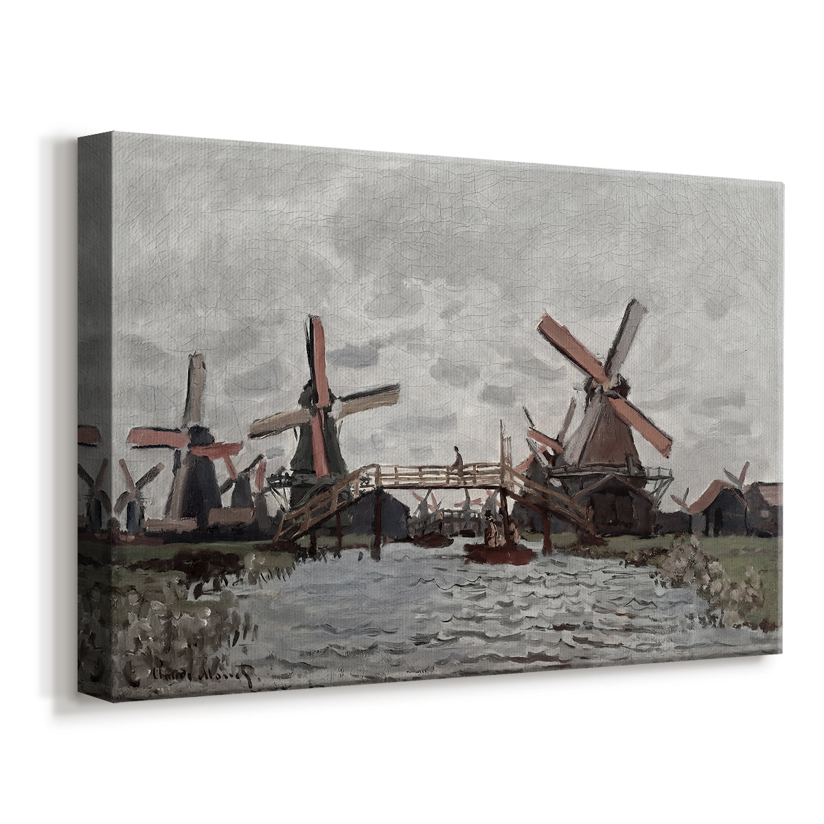 Canvas art print featuring an impressionist view of Dutch windmills along riverbank, displayed at an angle