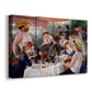 Canvas art print featuring a lively gathering of men and women eating and socializing at outdoor table, displayed at an angle