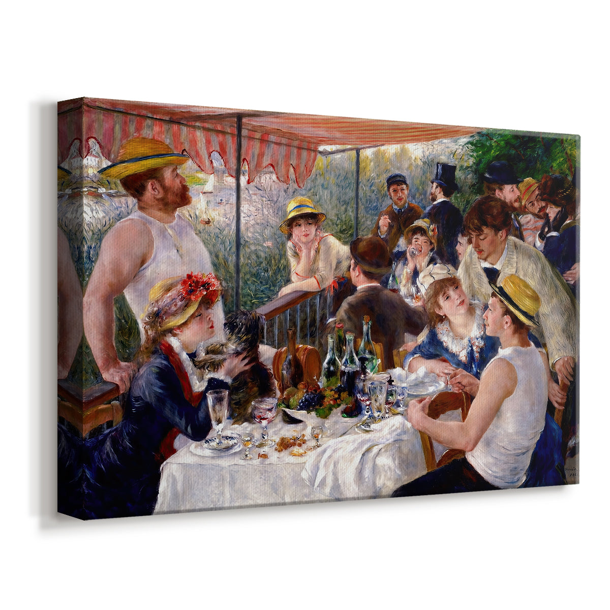 Canvas art print featuring a lively gathering of men and women eating and socializing at outdoor table, displayed at an angle