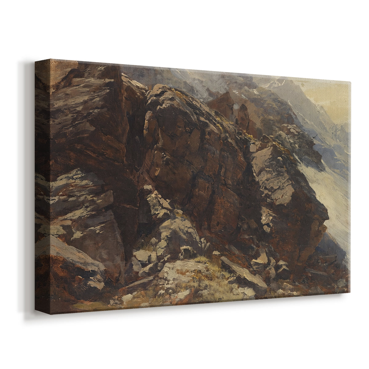 Canvas art print featuring a detailed study of rugged mountain landscape with sharp contours, displayed at an angle