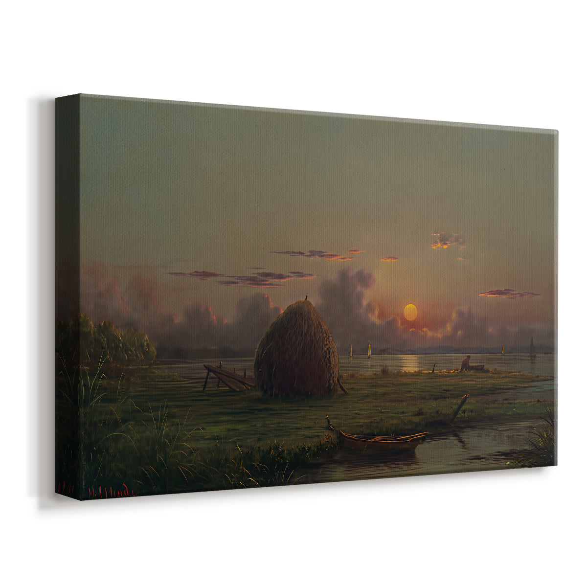 Canvas art print featuring a pastoral landscape with evening light, displayed at an angle