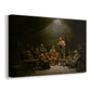 Canvas art print featuring an intimate prayer meeting with figures seated around table in candlelit room, displayed at an angle
