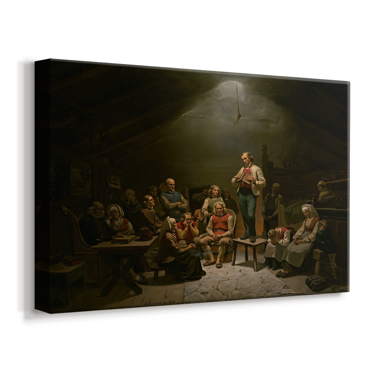 Canvas art print featuring an intimate prayer meeting with figures seated around table in candlelit room, displayed at an angle