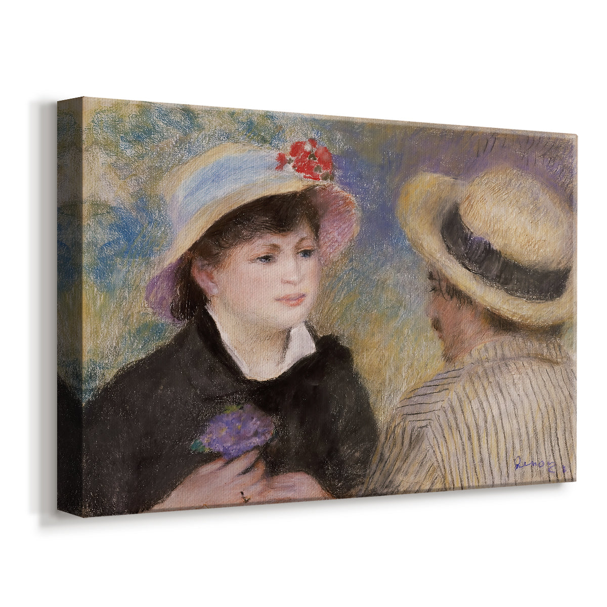 Canvas art print featuring an intimate portrait of man and woman sitting side by side in outdoor setting, displayed at an angle