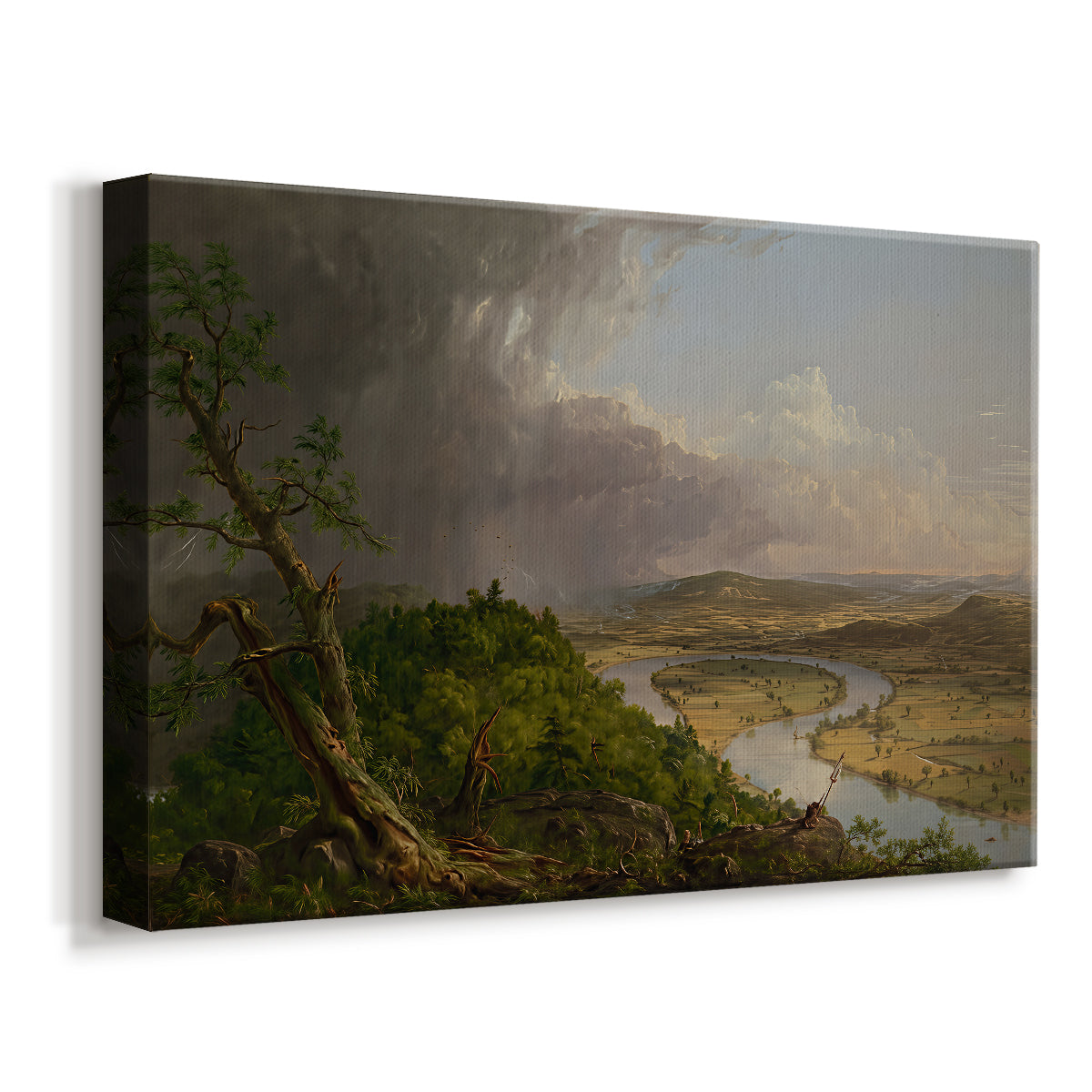Canvas art print featuring an expansive view showing dramatic weather transition, displayed at an angle