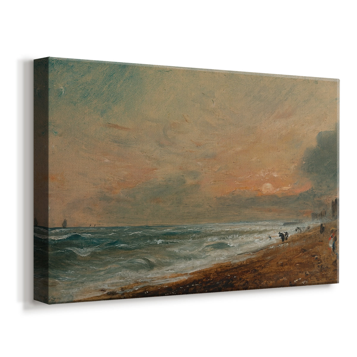 Canvas art print featuring a seaside scene with water meeting sandy shore, displayed at an angle
