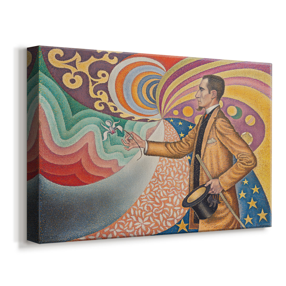 Canvas art print featuring a pointillist portrait with bold color, displayed at an angle