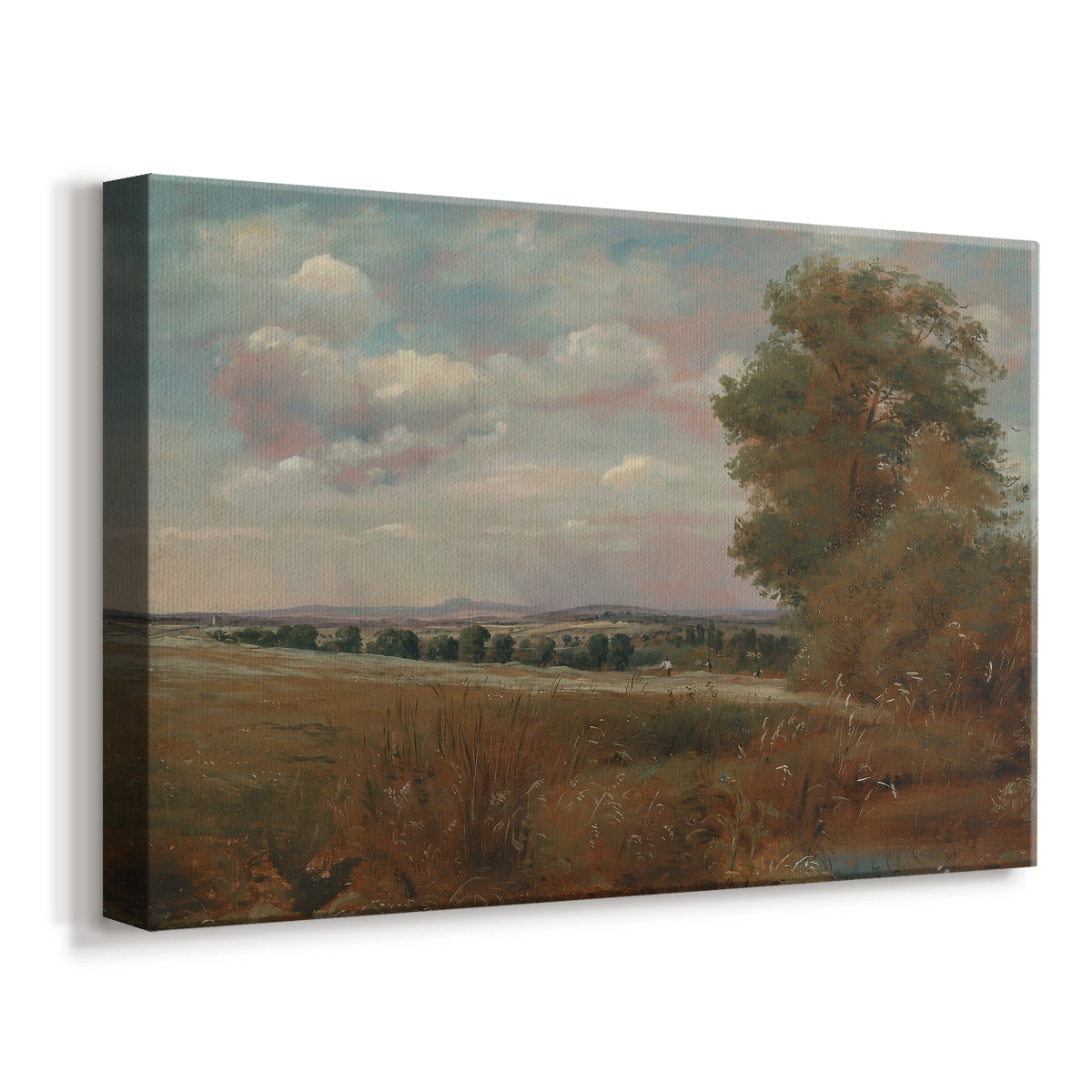 Canvas art print featuring a pastoral view with horizon and architecture, displayed at an angle