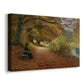 Canvas art print featuring a rustic woodland scene with people moving through fall landscape, displayed at an angle