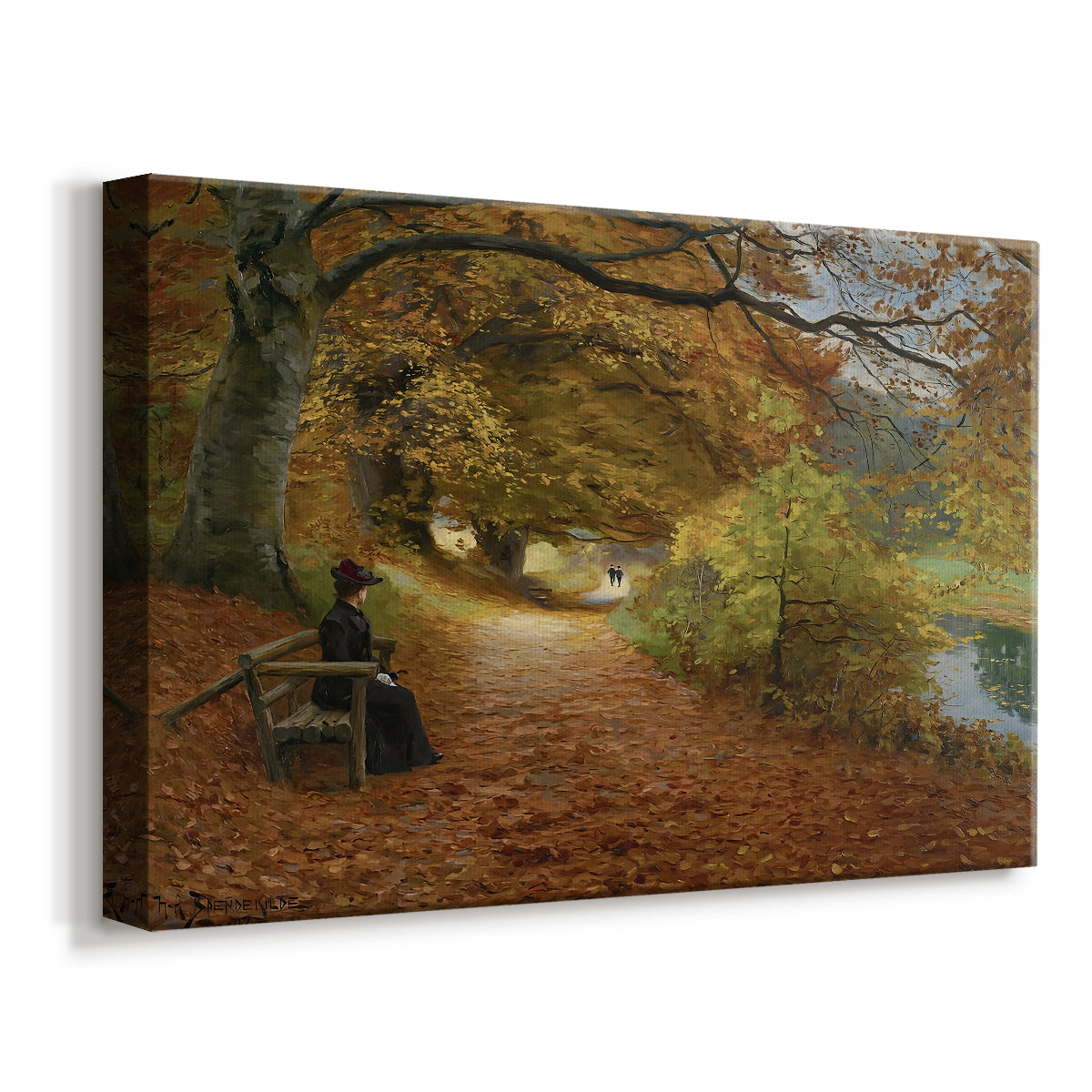 Canvas art print featuring a rustic woodland scene with people moving through fall landscape, displayed at an angle