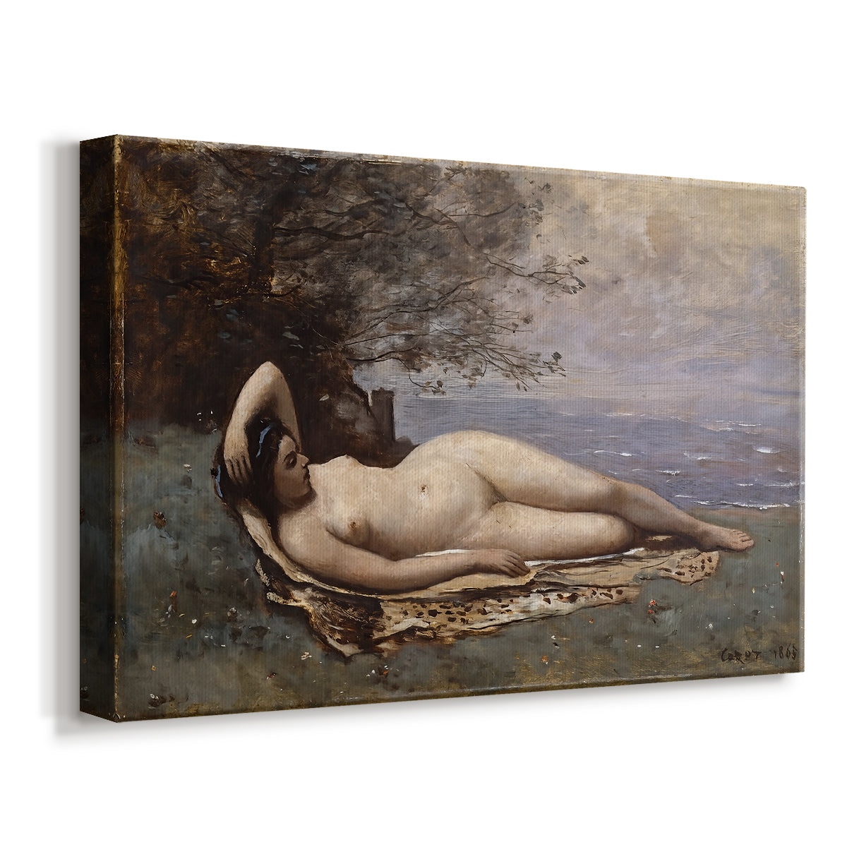 Canvas art print featuring a classical-inspired figure resting in coastal setting, displayed at an angle