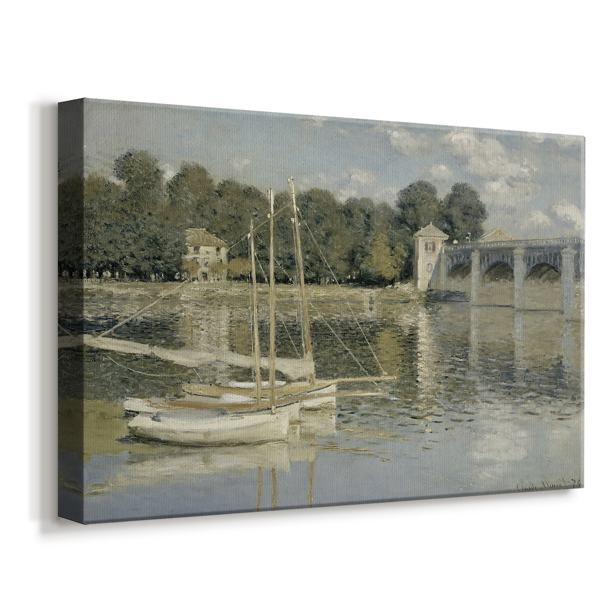 Canvas art print featuring an impressionist river scene with boats passing beneath bridge, displayed at an angle