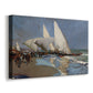Canvas art print featuring a coastal scene with vessels and shoreline activity, displayed at an angle