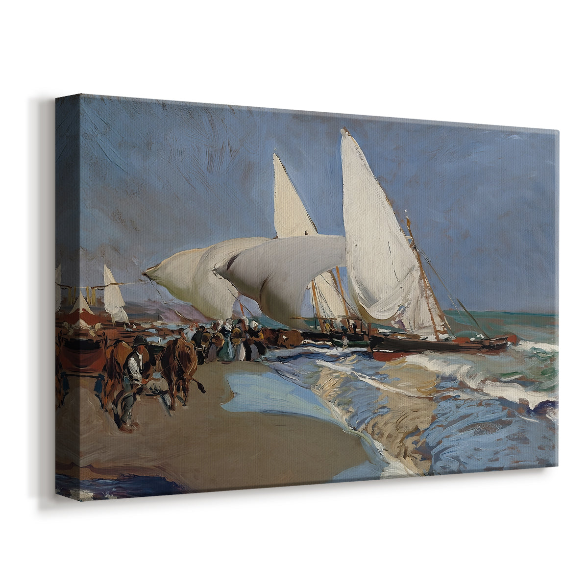 Canvas art print featuring a coastal scene with vessels and shoreline activity, displayed at an angle