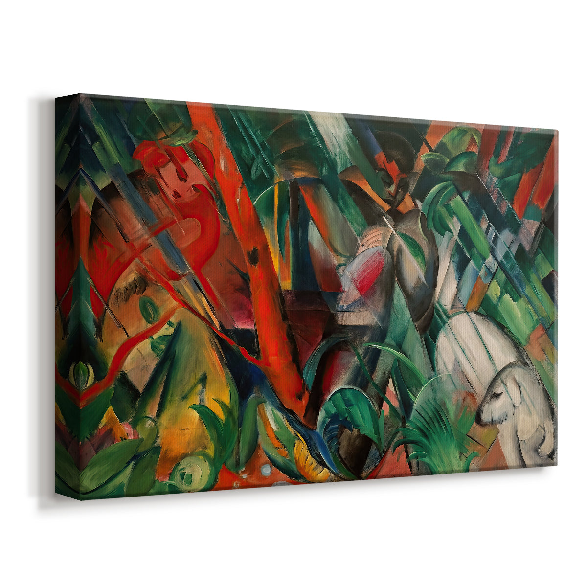 Canvas art print featuring an expressionist scene with layered shapes evoking rain and motion, displayed at an angle
