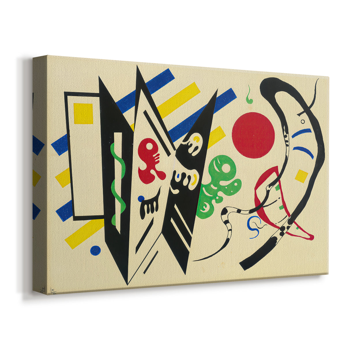 Canvas art print featuring an abstract composition of geometric shapes and lines arranged in balanced layout, displayed at an angle