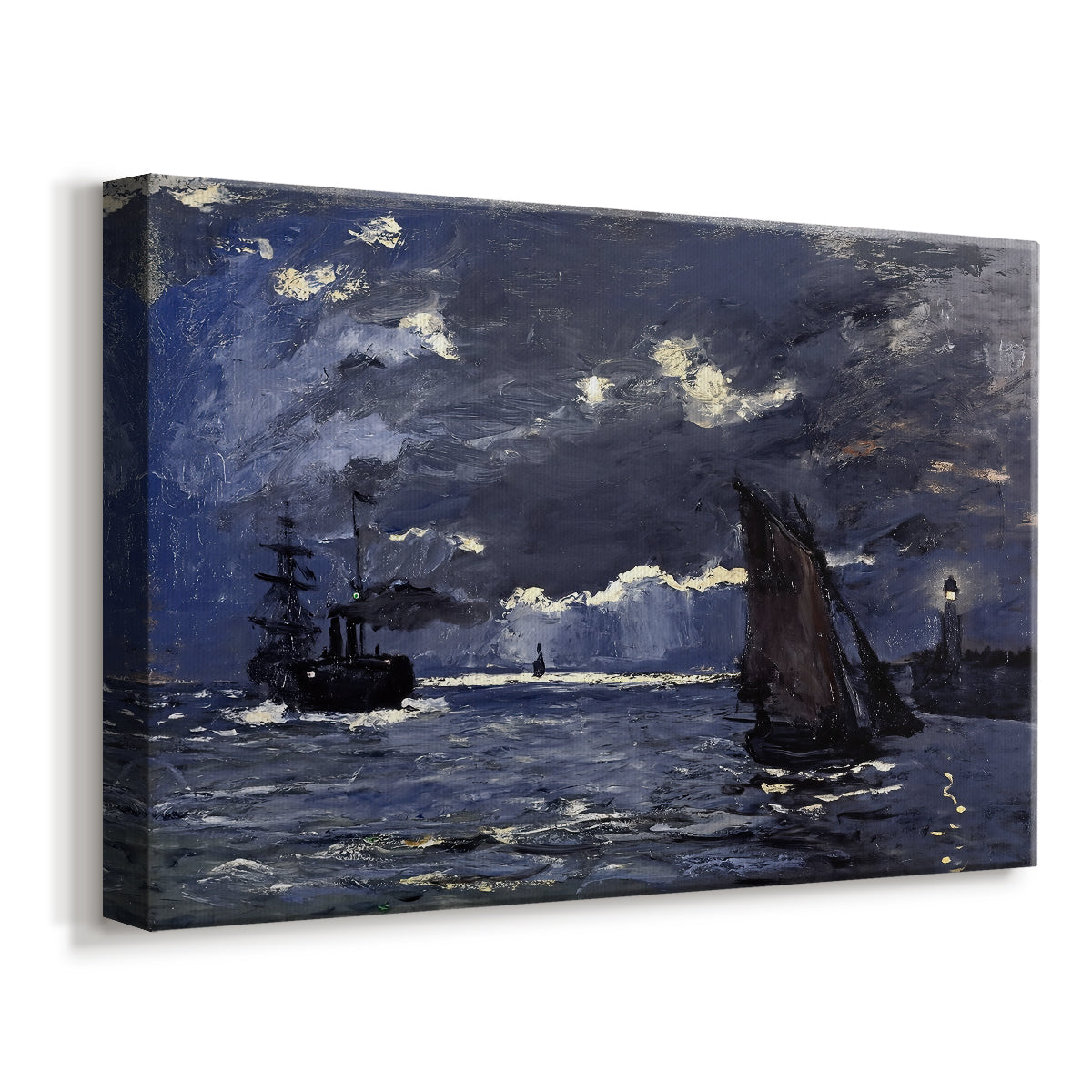Canvas art print featuring a nocturnal seascape with boats silhouetted against glowing moon, displayed at an angle