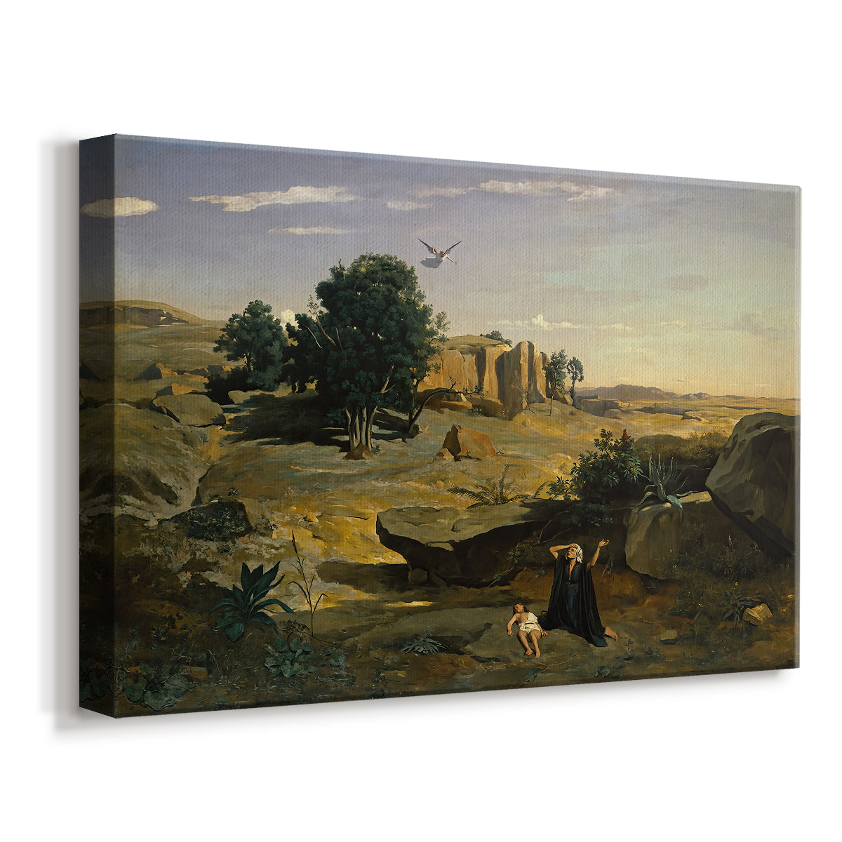 Canvas art print featuring a biblical scene set within quiet natural environment, displayed at an angle