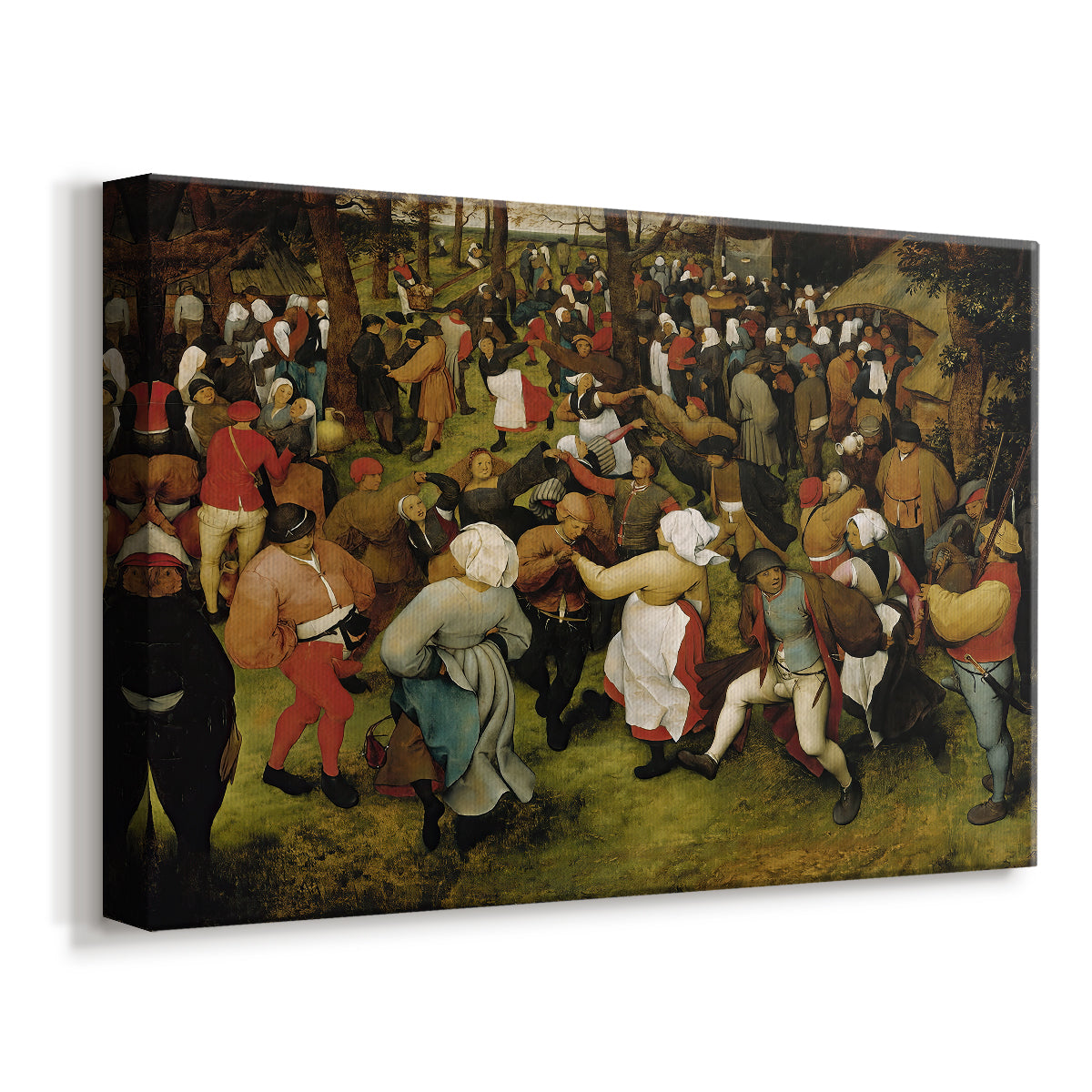 Canvas art print featuring a rustic wedding scene with people dancing, displayed at an angle