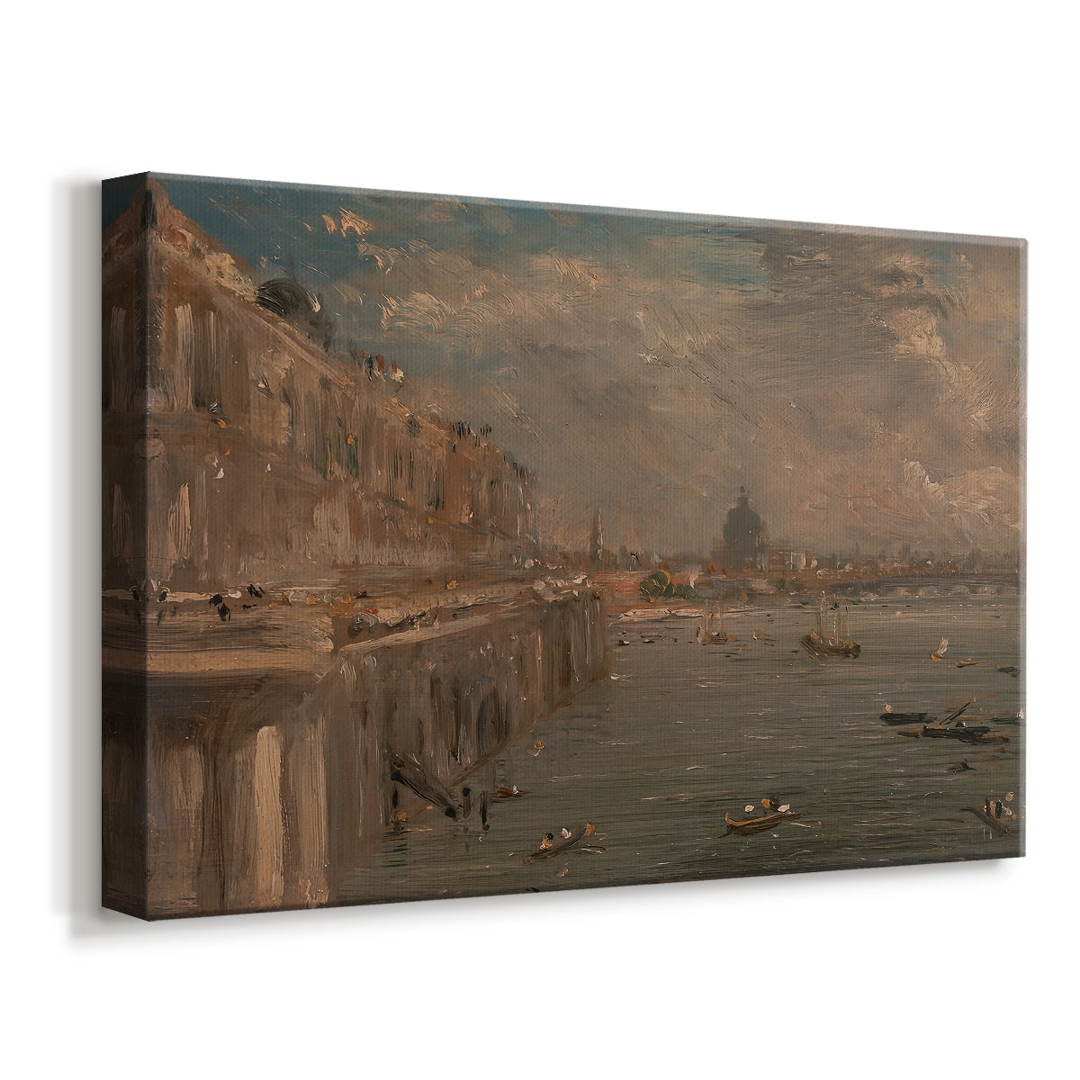 Canvas art print featuring an urban landscape with architecture and river, displayed at an angle