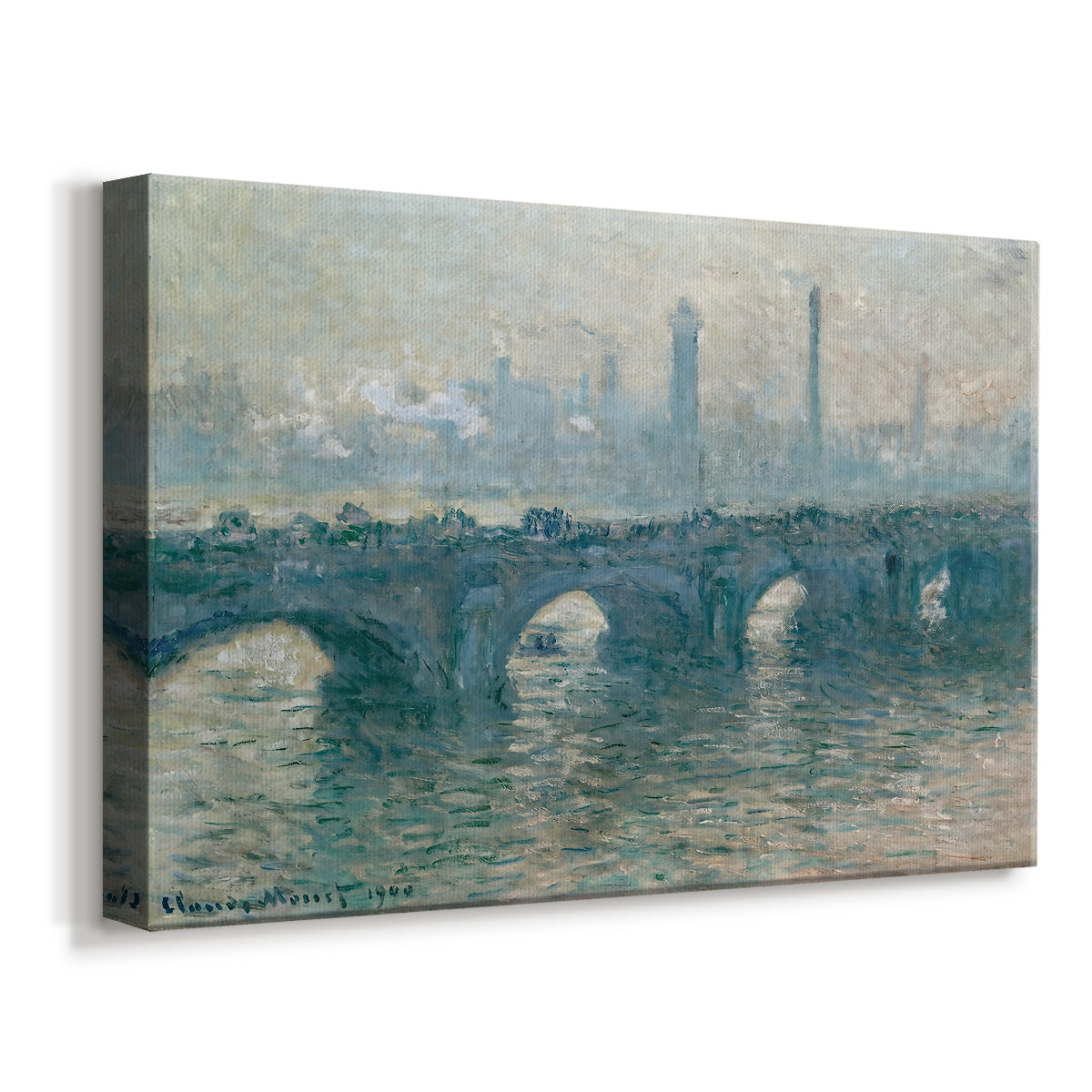 Canvas art print featuring an impressionist cityscape with bridge fading into fog over water, displayed at an angle