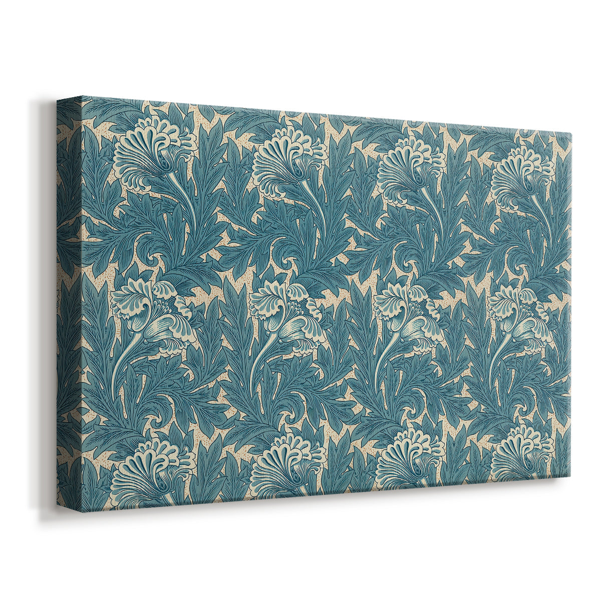 Canvas art print featuring a decorative textile design with stylized flowers and leaves, displayed at an angle