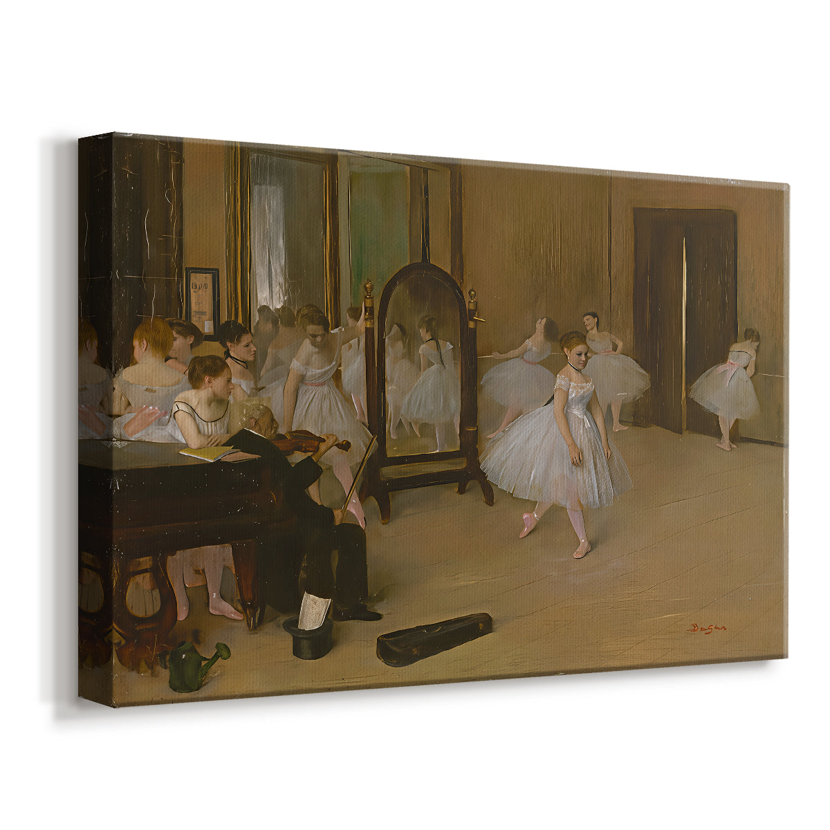 Canvas art print featuring a rehearsal scene with ballerinas in tutus arranged in studio, displayed at an angle