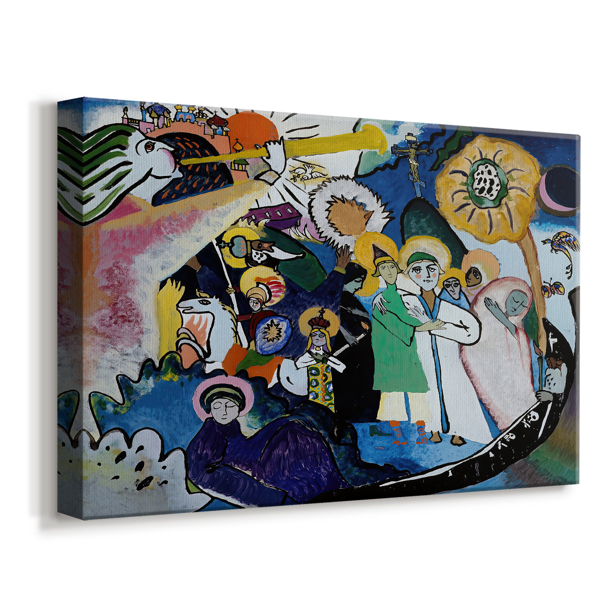 Canvas art print featuring an expressive scene with layered shapes implying crowd or gathering, displayed at an angle