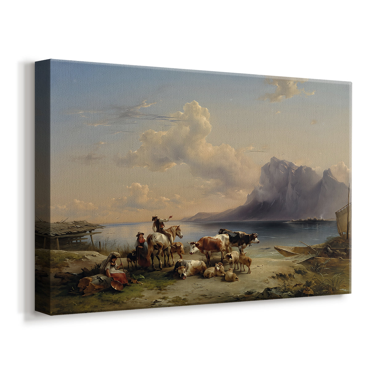 Canvas art print featuring a pastoral livestock scene with water, displayed at an angle