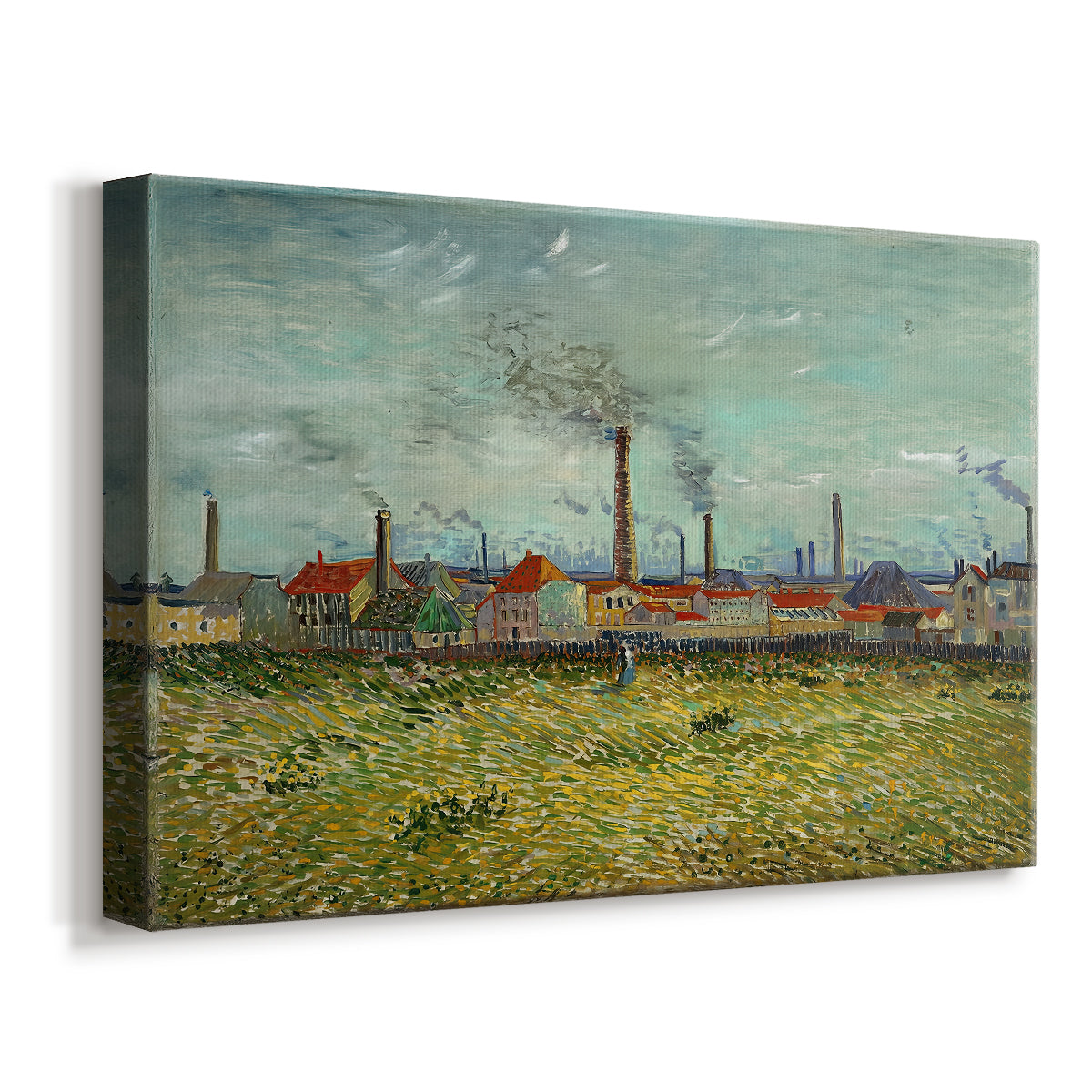 Canvas art print featuring an urban-industrial scene with factories and open sky, displayed at an angle