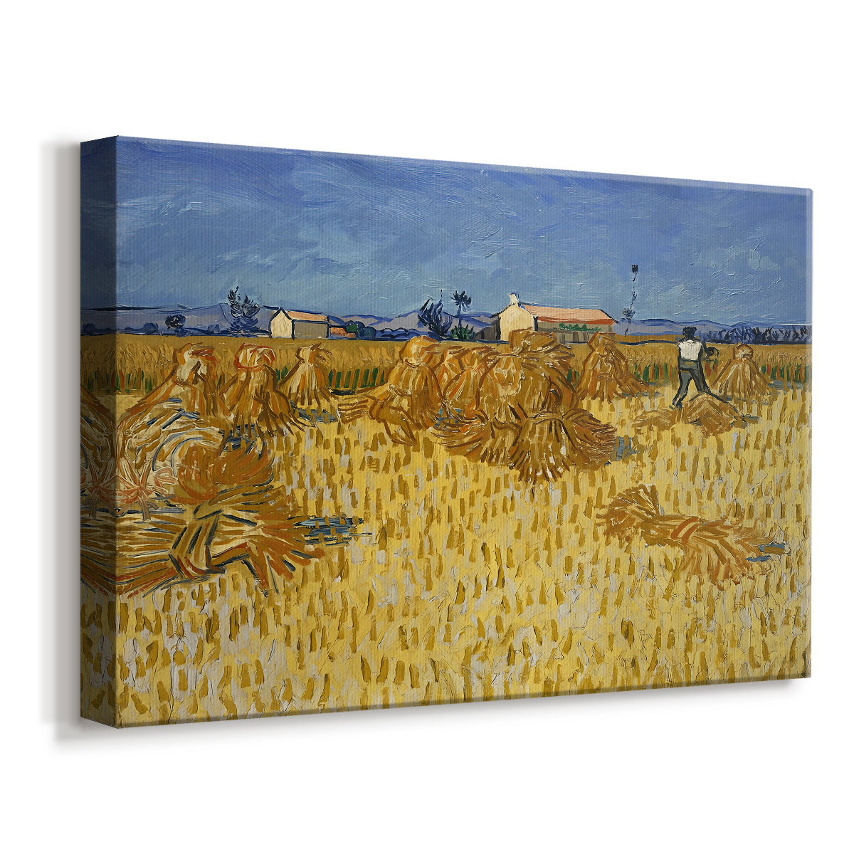 Canvas art print featuring an agricultural scene with cut wheat gathered into sheaves, displayed at an angle
