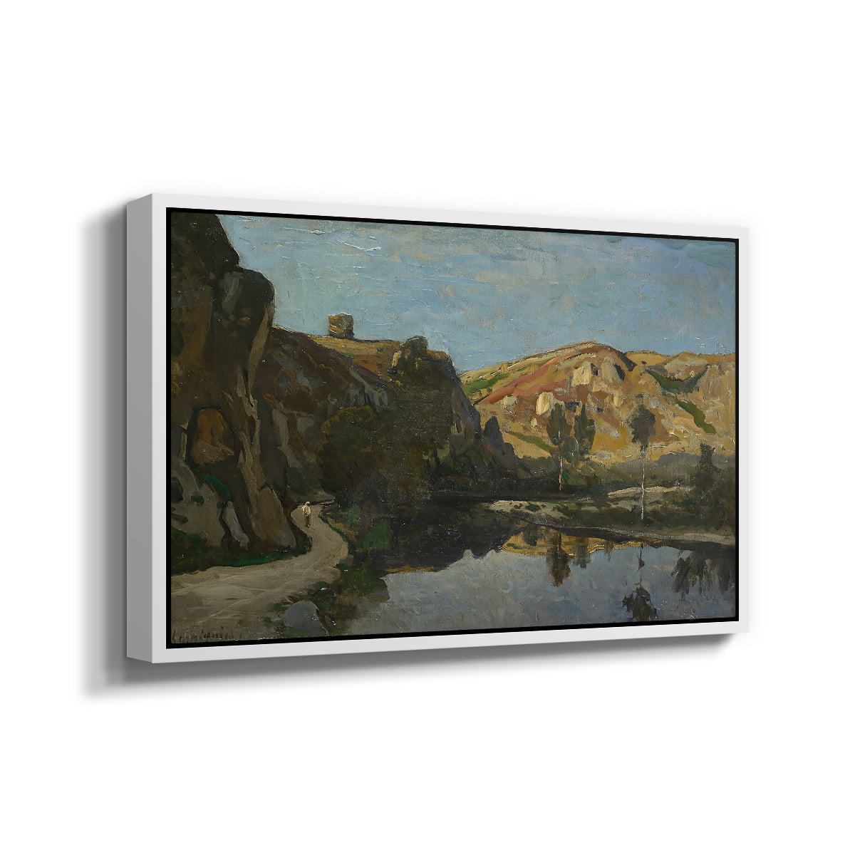 River Landscape with Cliffs, c. 1850-1860 - Floater Framed Canvas Print