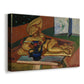 Canvas art print featuring a decorative tabletop arrangement with art objects, displayed at an angle