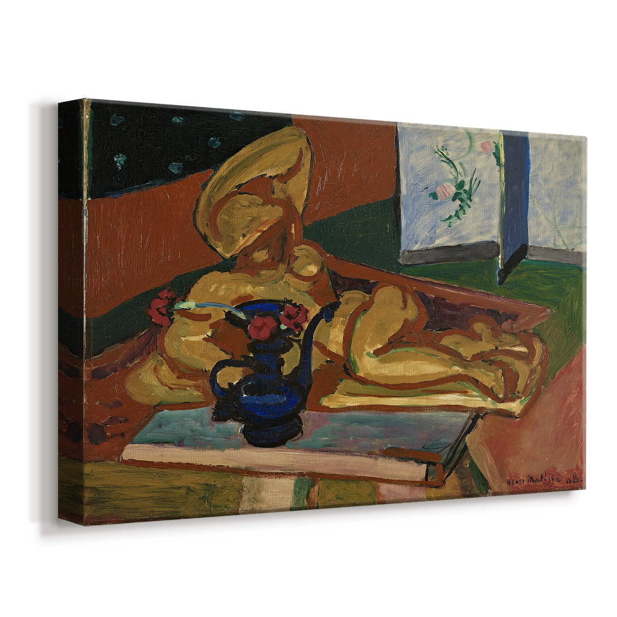 Canvas art print featuring a decorative tabletop arrangement with art objects, displayed at an angle
