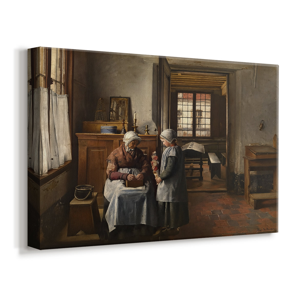 Canvas art print featuring a domestic scene with multiple figures seated at dining table, displayed at an angle