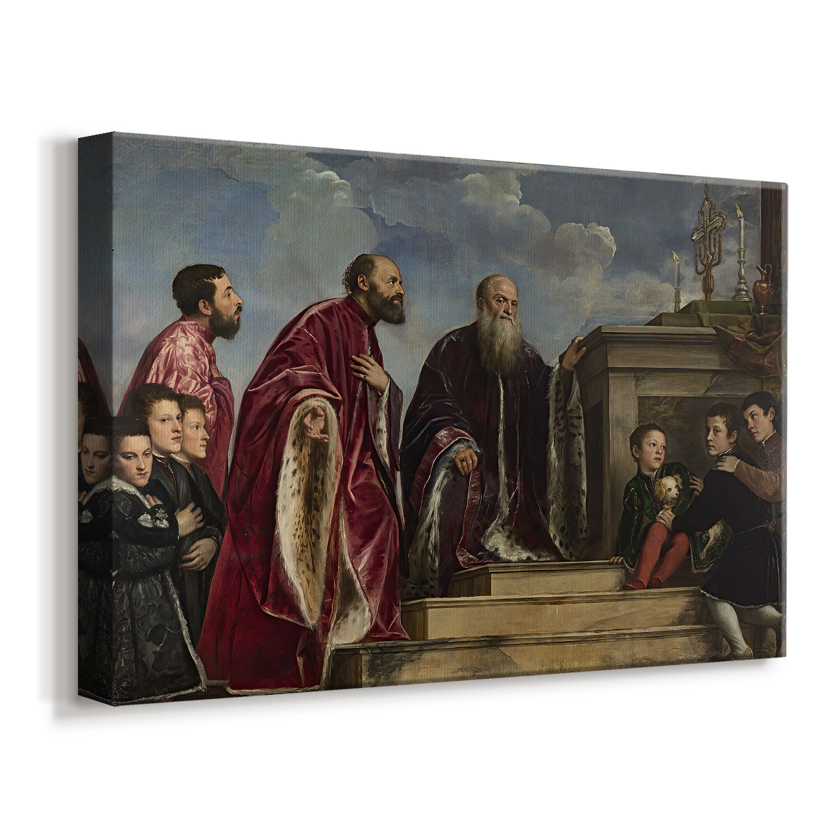 Canvas art print featuring a devotional portrait of multiple figures arranged around religious object, displayed at an angle