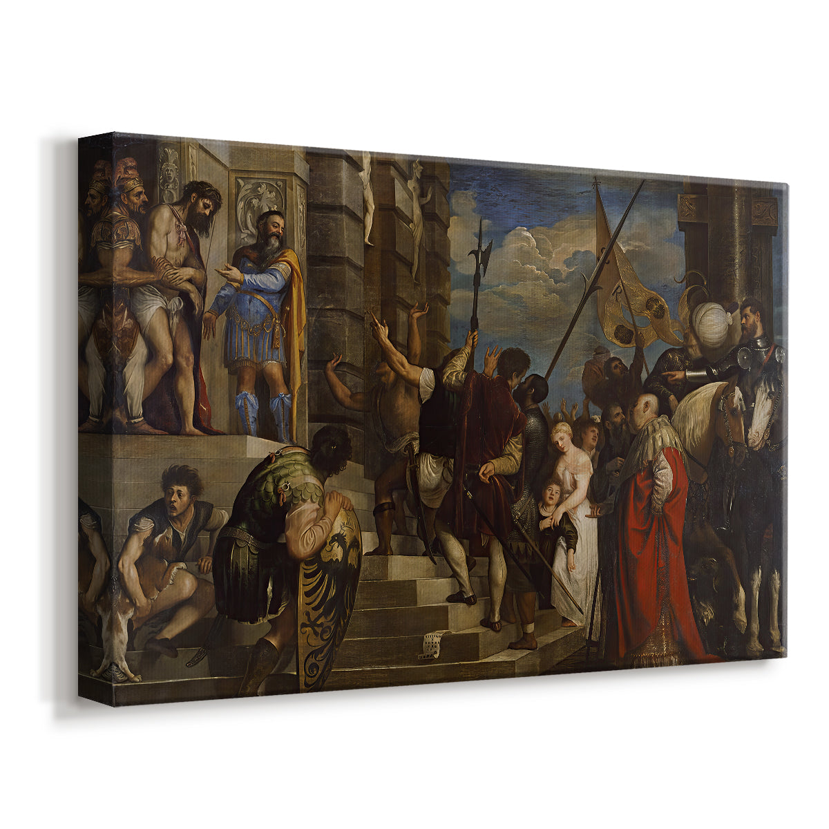 Canvas art print featuring a dramatic Renaissance composition with multiple figures in architectural setting, displayed at an angle