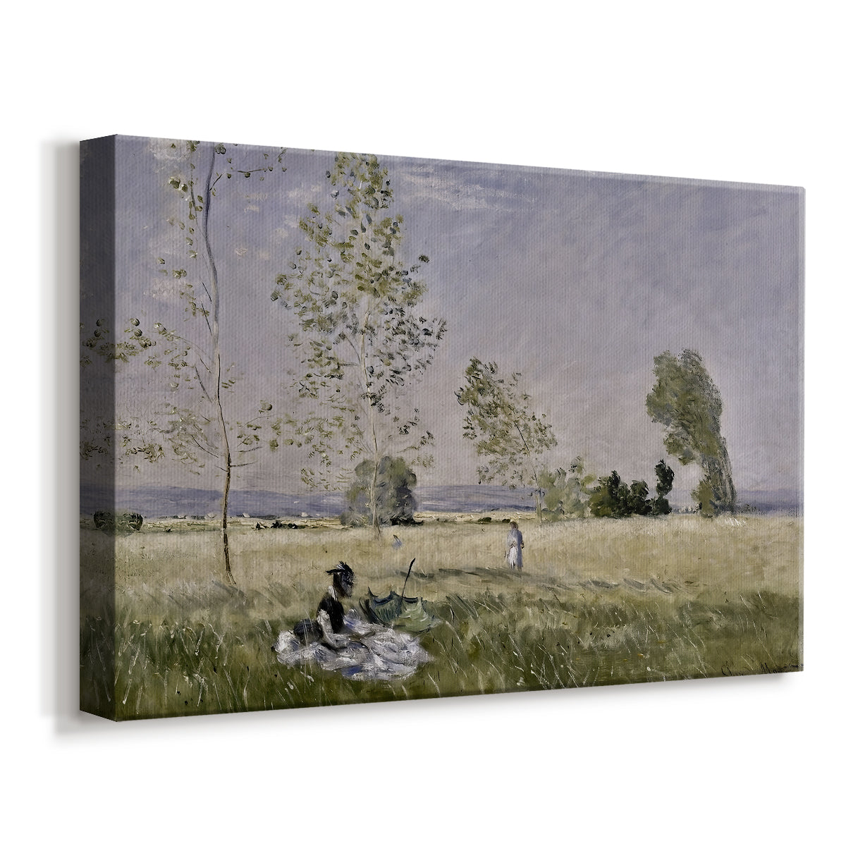 Canvas art print featuring an impressionist countryside scene with figure resting in shade, displayed at an angle