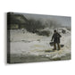 Canvas art print featuring a rural winter scene with people braving snowy conditions, displayed at an angle