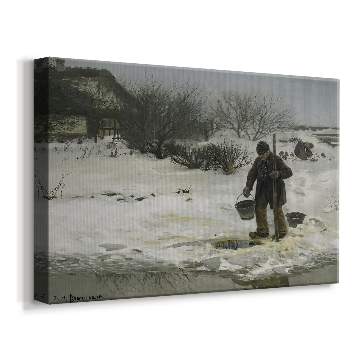 Canvas art print featuring a rural winter scene with people braving snowy conditions, displayed at an angle