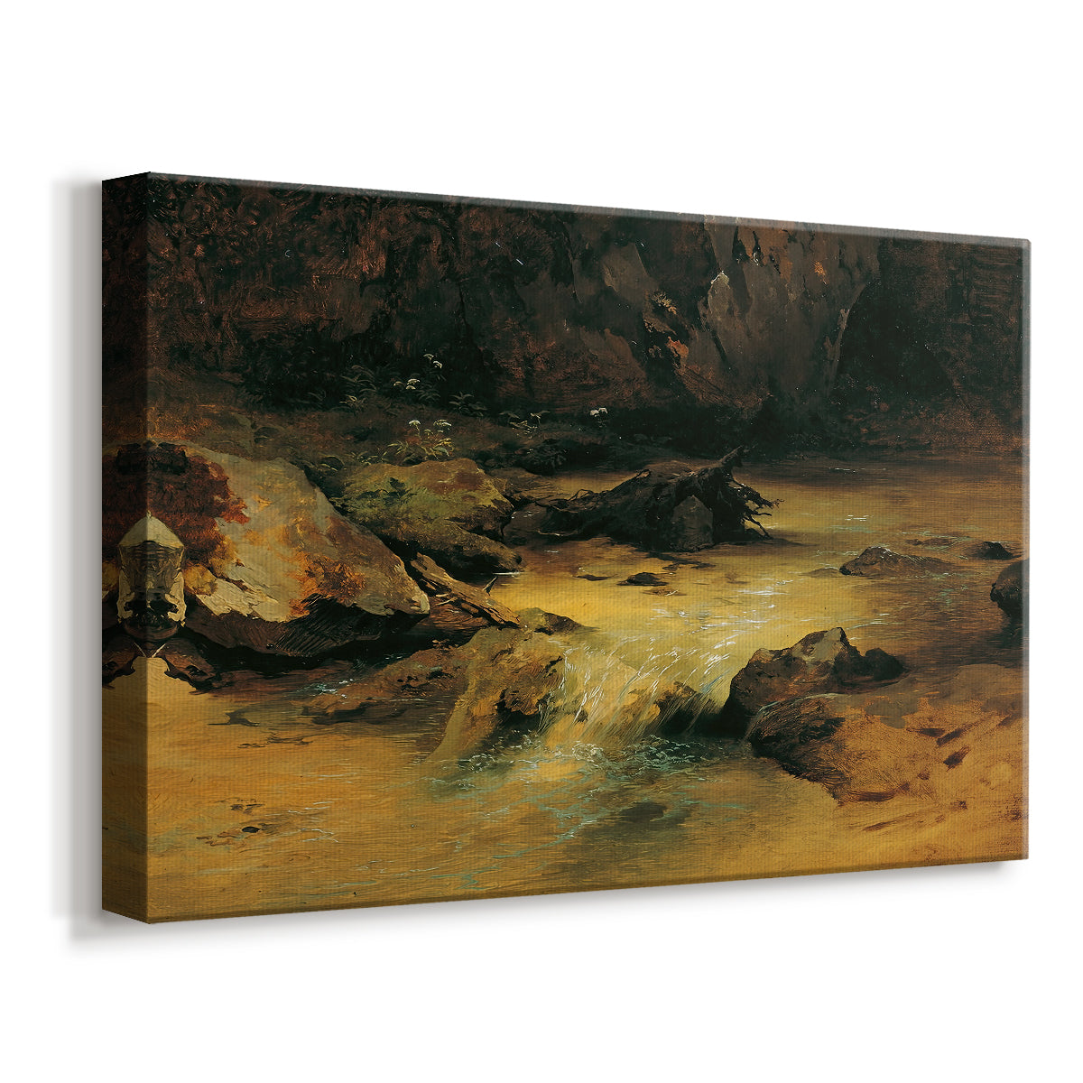 Canvas art print featuring an alpine water scene with rocks, displayed at an angle