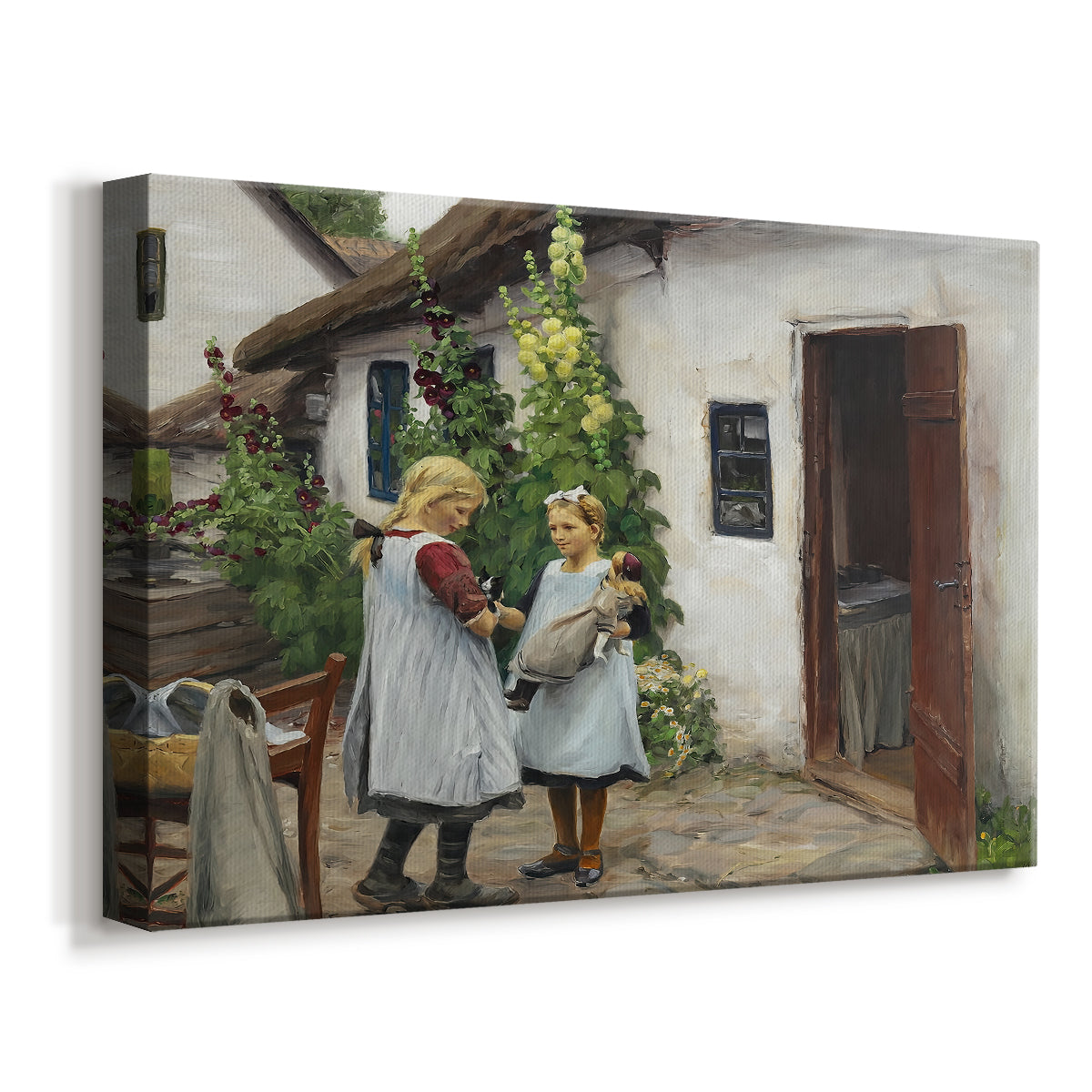 Canvas art print featuring a rural scene with figures near doorway in domestic setting, displayed at an angle