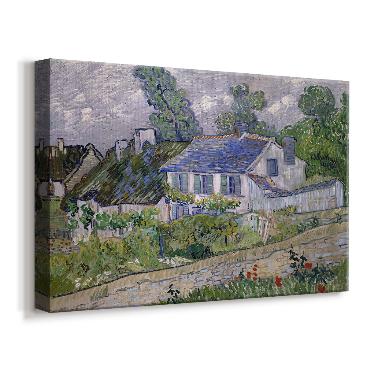 Canvas art print featuring an expressive village scene with buildings and natural surroundings, displayed at an angle